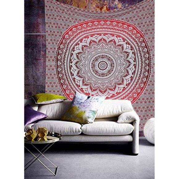Red Ombre Mandala Boho Bohemian Cotton Wall Hanging Decor Bed Dorm Tapestry - Picture 9 of 9